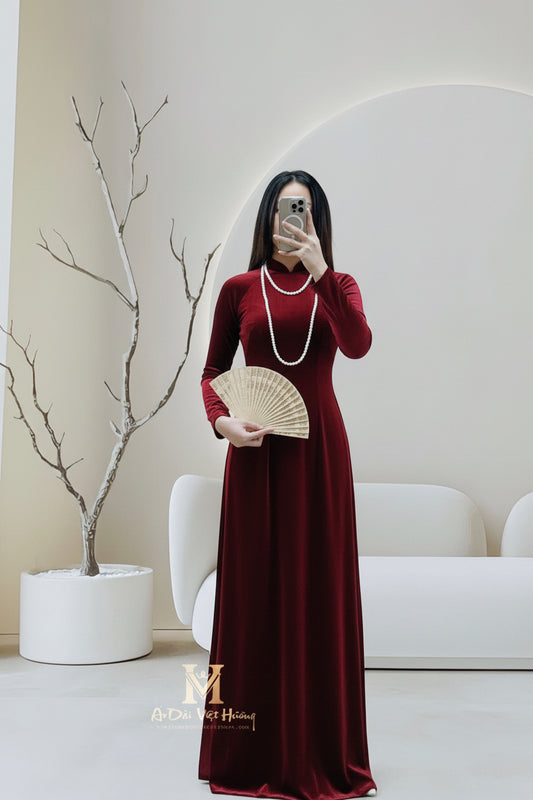 A57 - Áo Dài Nhung The Thun Red Wine