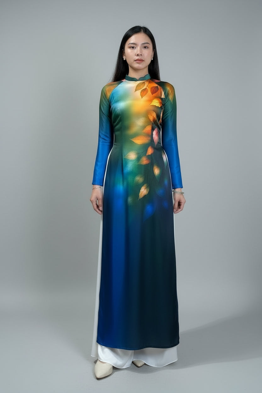 A23 - Áo Dài Lụa Ánh Sao Xanh lá Cam. Final sale - Áo bị xước (no return/exchange)