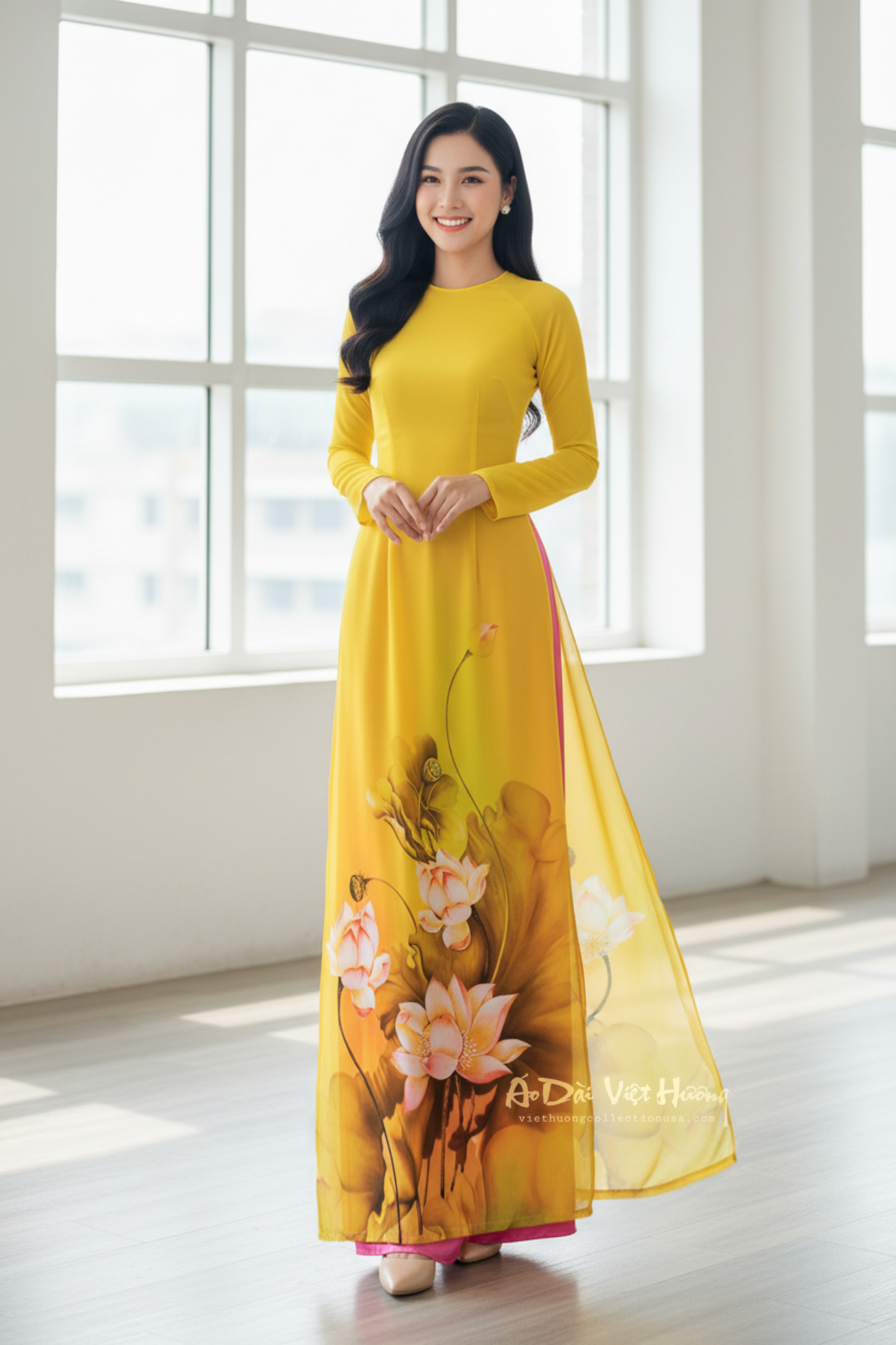 A38 - Áo Dài In Chiffon 4 Tà Vàng