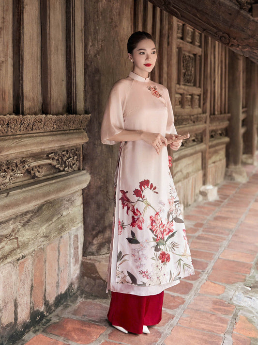 A107 - Set Áo Dài Cách Tân Tơ In Hoa 4 Tà Kem (kèm quần đỏ)