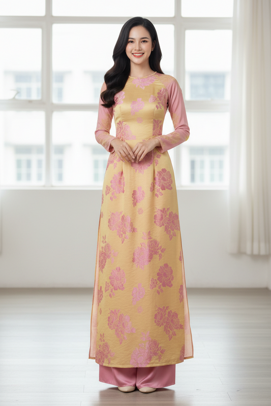 A34 - Áo Dài Lụa Tằm Pha Vàng/Hồng