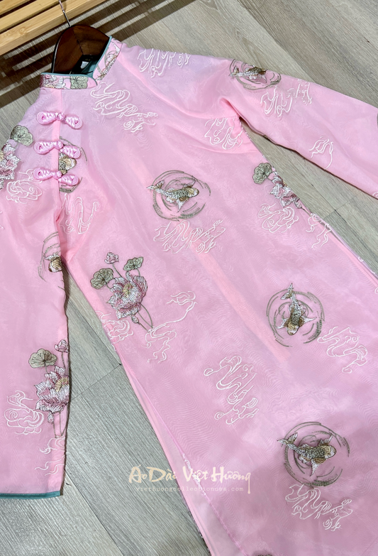 M2 - Women’s Áo Dài Tơ Thêu 4 Tà Pink (Áo only)