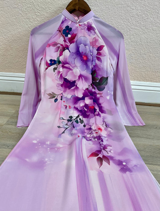 A64 - Áo Dài Chiffon 4 Tà Tím Cà