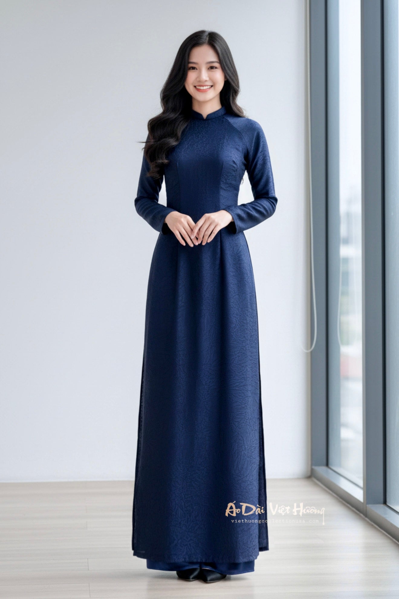 A70 - Set Áo Dài lụa Tiêu Giao Navy Blue (Cổ 1,5cm) | Kèm Quần