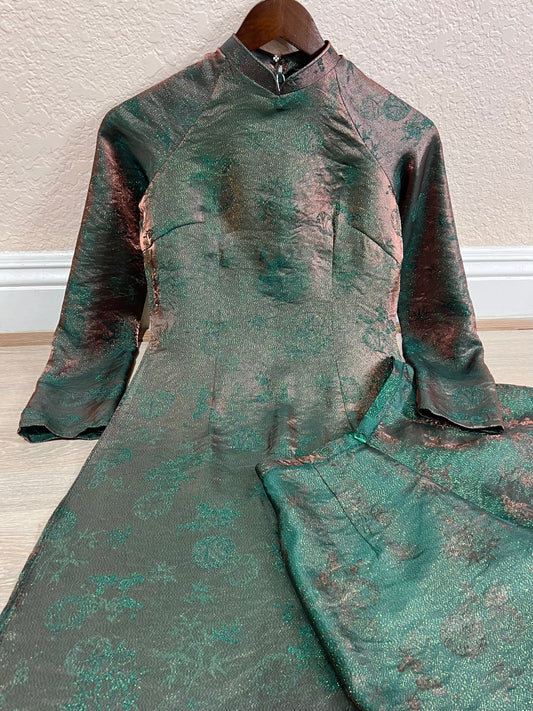 A49 - Set Áo Dài Tơ Song Kim Green/Pink | Kèm quần