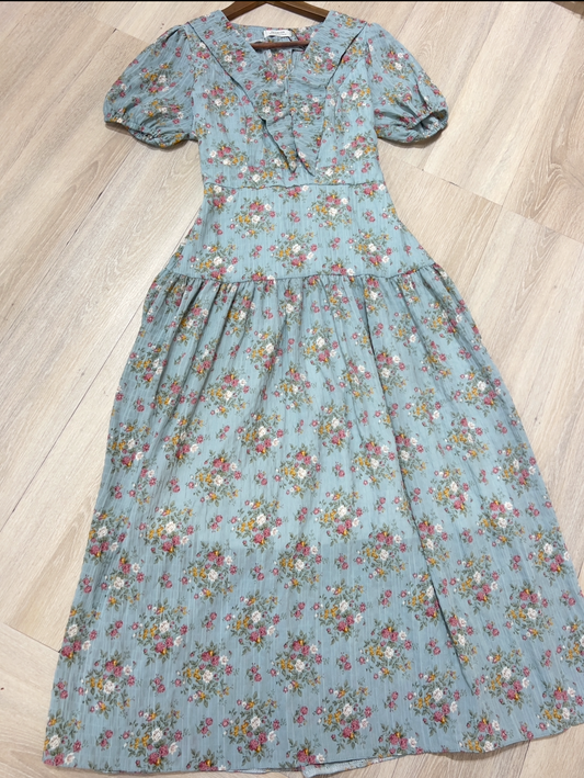 D16 - Đầm Voan Xốp Xanh Hoa Nhí