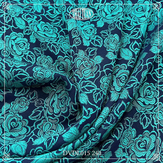 AD49 - Áo Dài Gấm Thái Tuấn Thiên Hoa Xanh Đen hoa Xanh Công (Cổ Tròn). Final sale (no return/exchange).