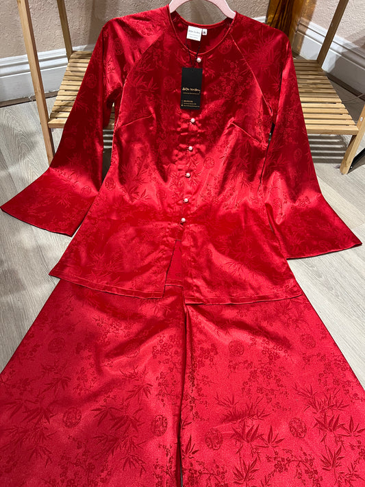 B04 - Set Áo Bà Ba Gấm Trúc Đào Đỏ | Kèm Quần