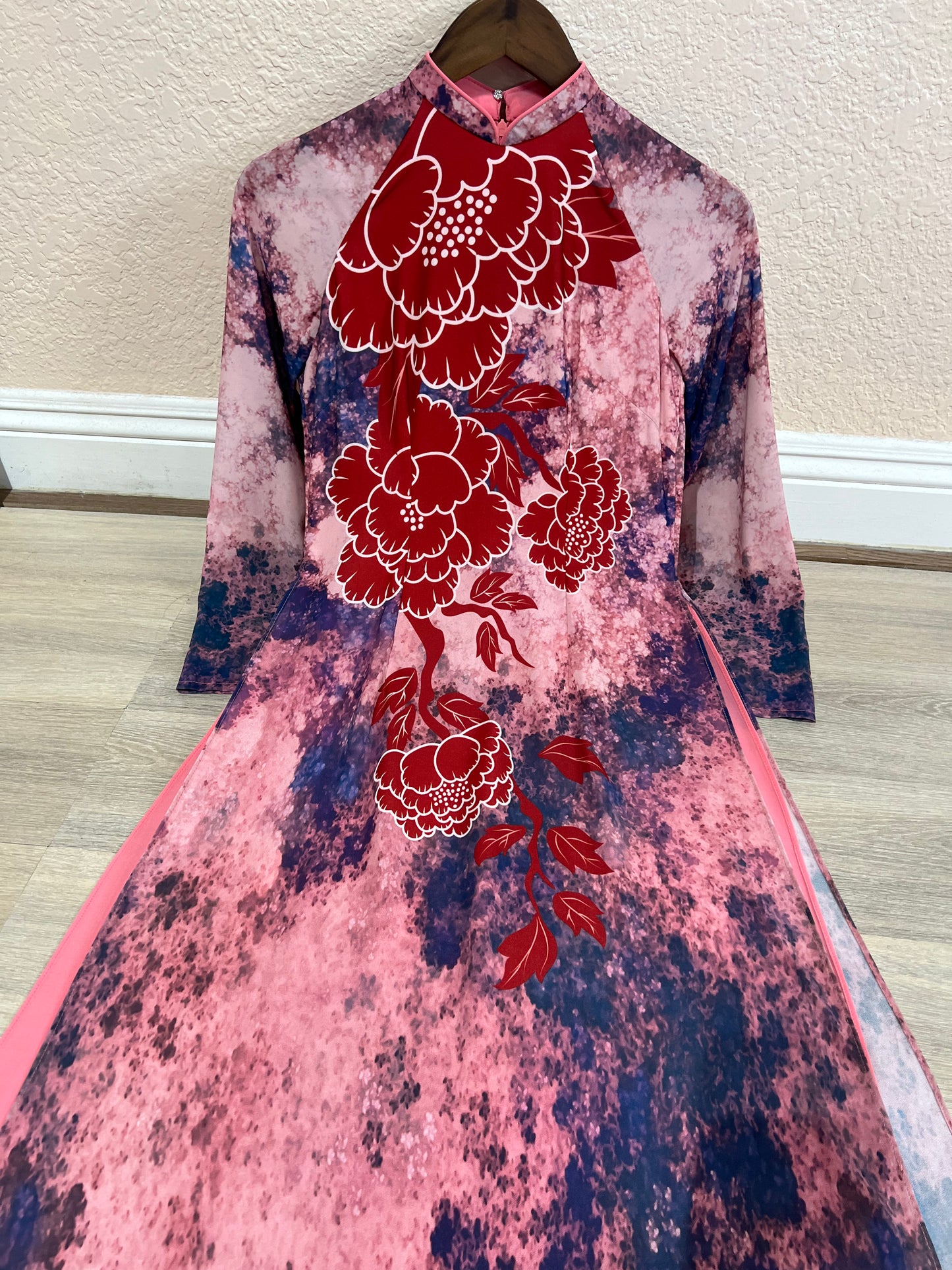 A68 - Áo Dài Chiffon 4 Tà Hồng phối Xanh