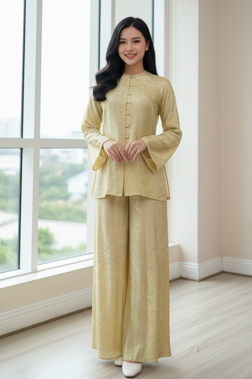 B8 - Set Áo Bà Ba Tencel Vàng Trà | Pants Included