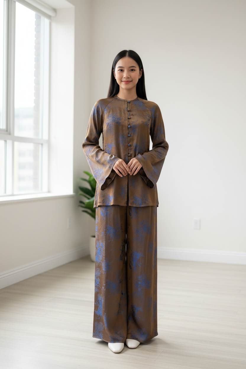 B48 - Set Áo Bà Ba Gấm Nâu ánh xanh | Pants Included