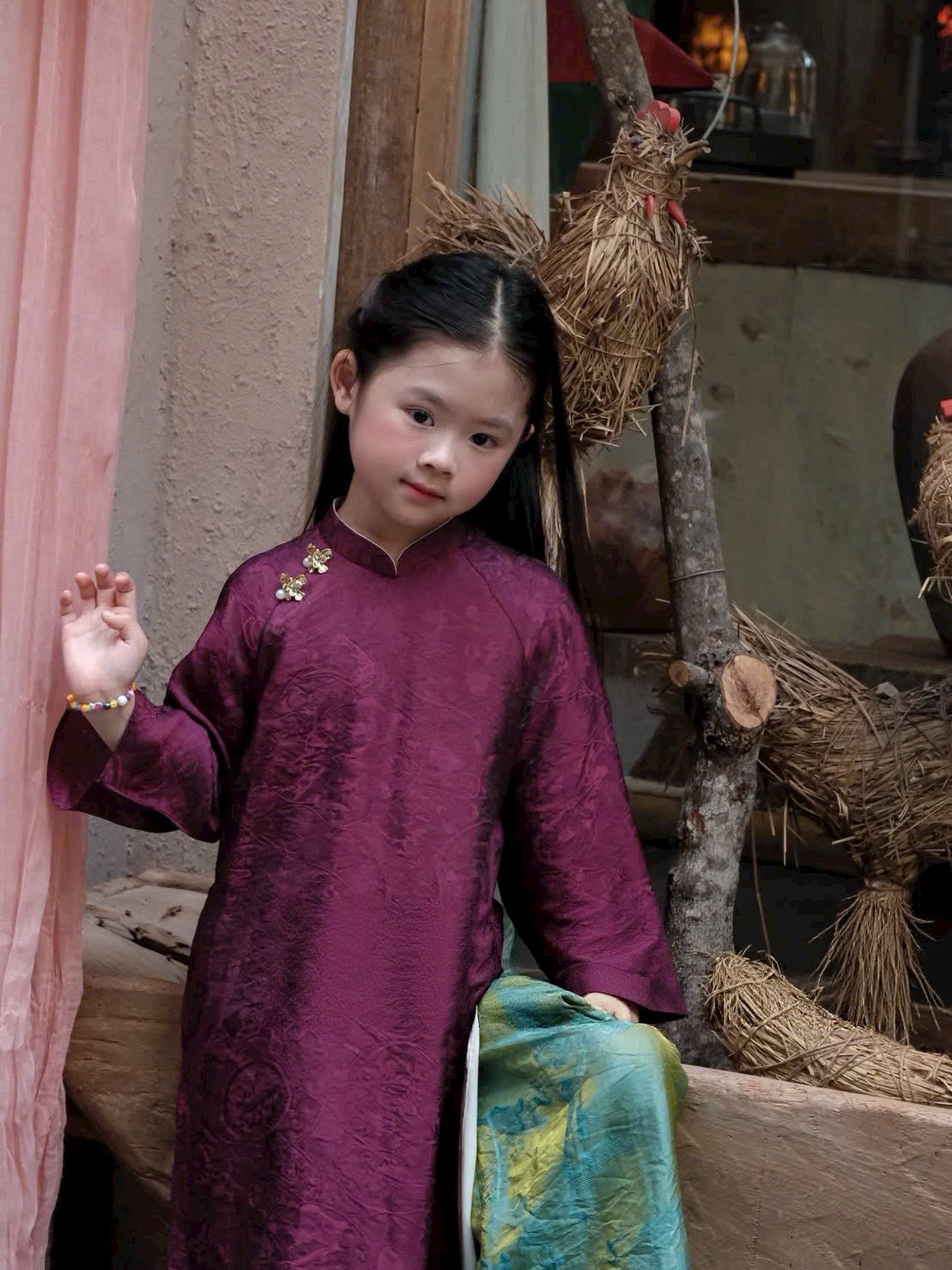 G3 - Set Áo Dài Bé Gái Tơ Tencel 4 Tà Tím Đỏ/Kem (kèm quần)