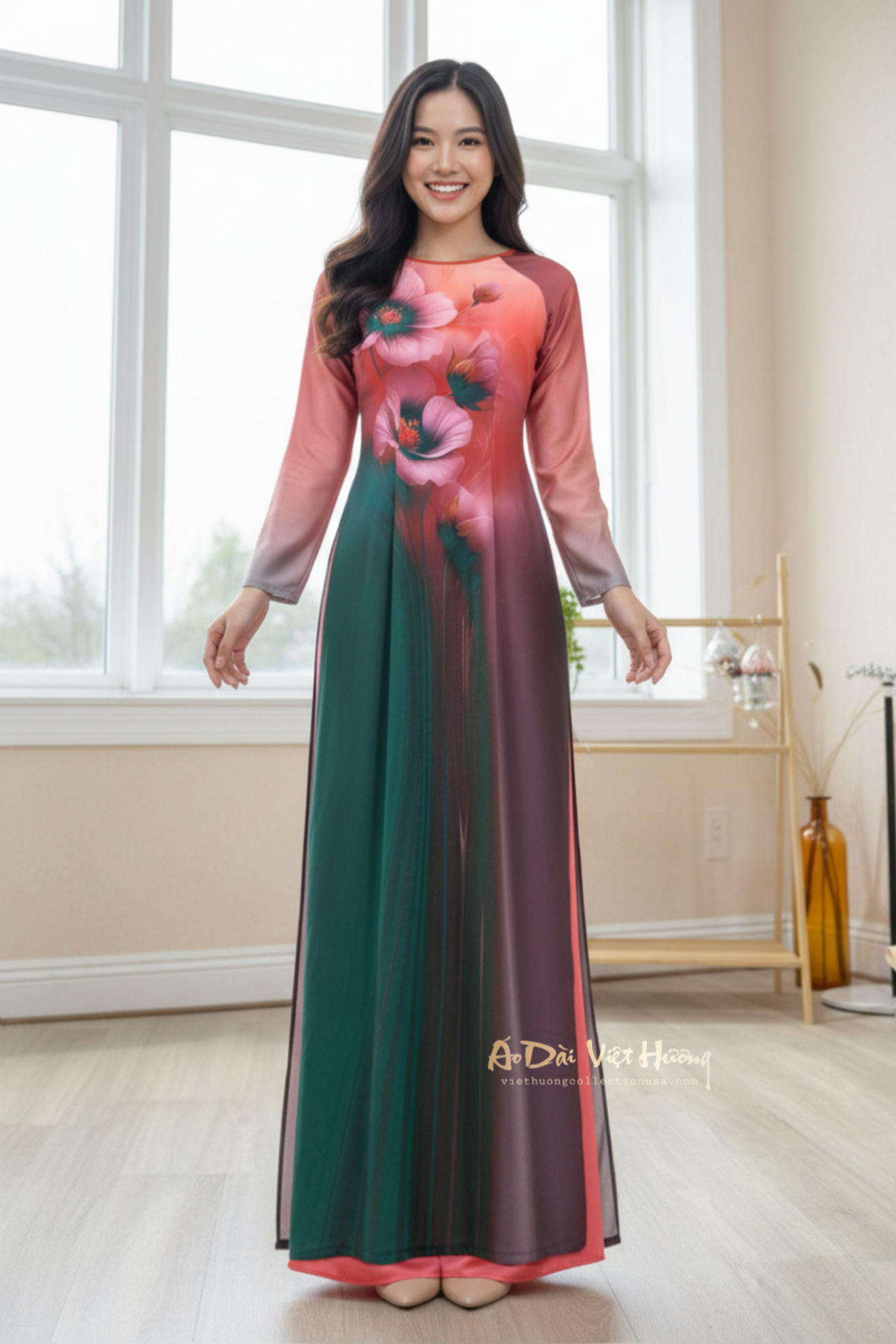 A17 - Áo Dài Lụa Tiêu Giao Xanh/Hồng