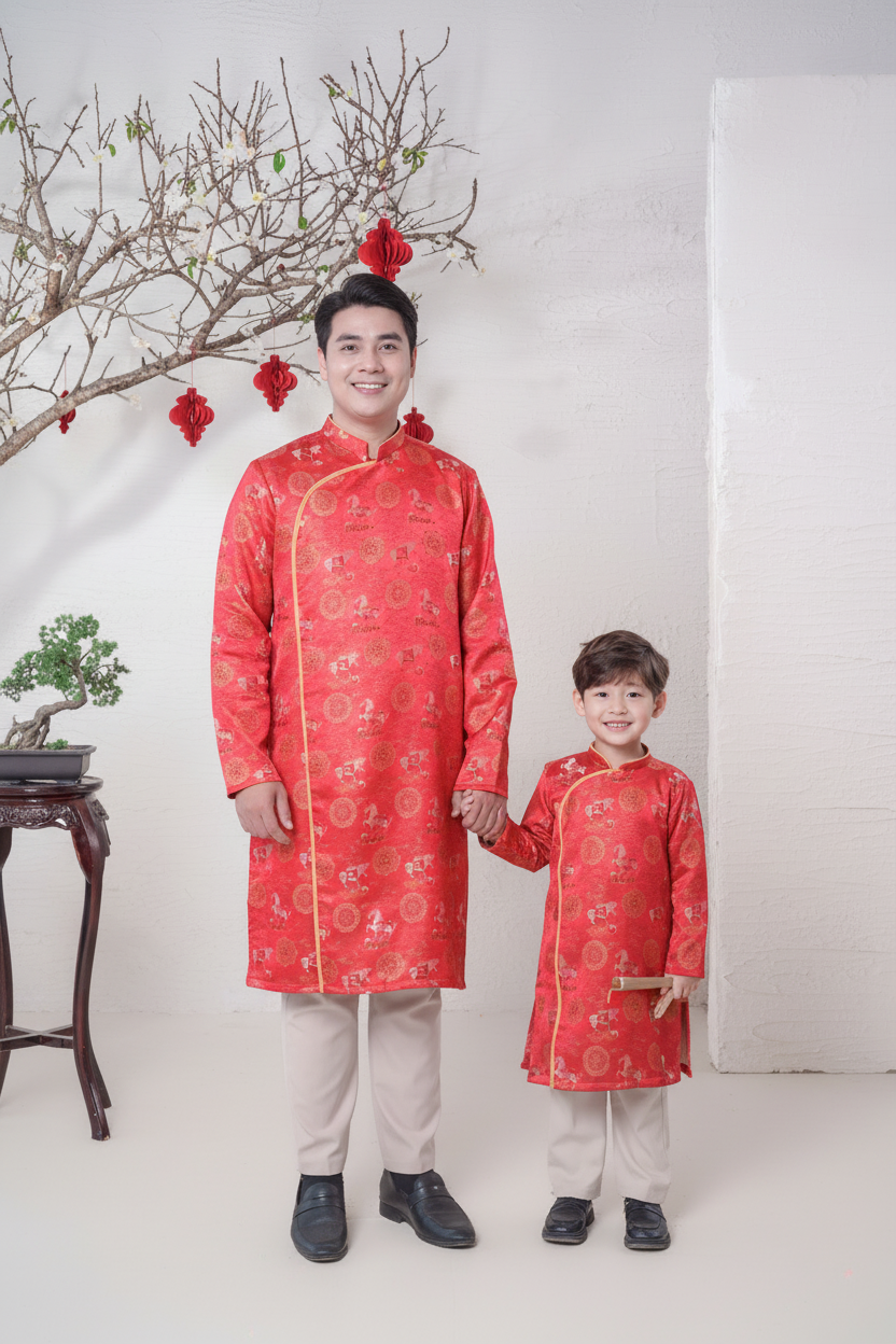 D17 - Men’s Áo Dài Gấm Ngựa Đỏ/Gold.