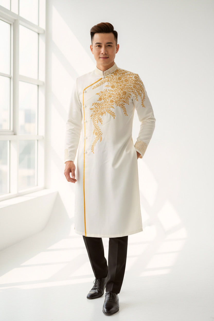 A119 - Men’s Áo Dài Vẽ Tay Off-white