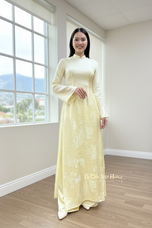 A115 - Set Áo Dài Lụa Tằm Vàng Mỡ Gà (kèm quần gấm tằm)