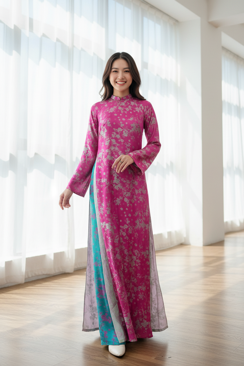 A29 - Set Áo Dài Gấm Hoa Đào 4 Tà Pink/Green (kèm quần)