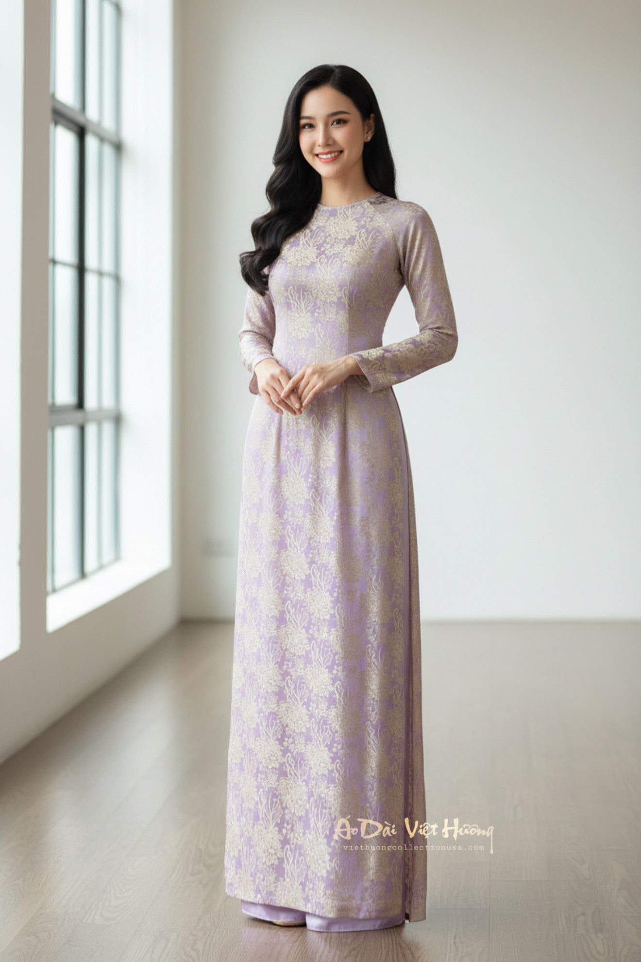 A141 - Áo Dài Cúc Đại Đoá Tím Cà/Vàng | Áo Only