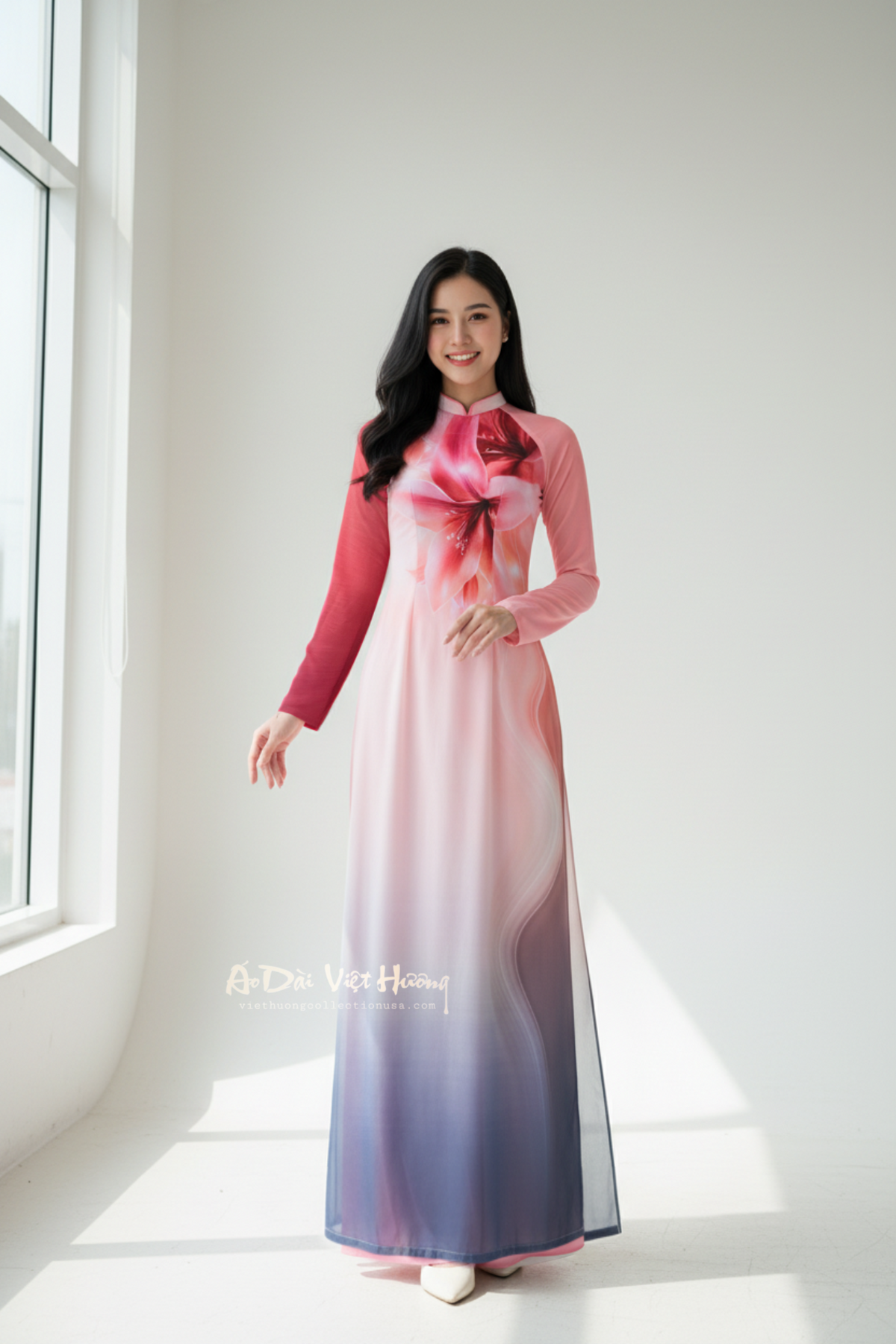 A16 - Áo Dài Chiffon 4 Tà Hồng/Xám | Áo Only
