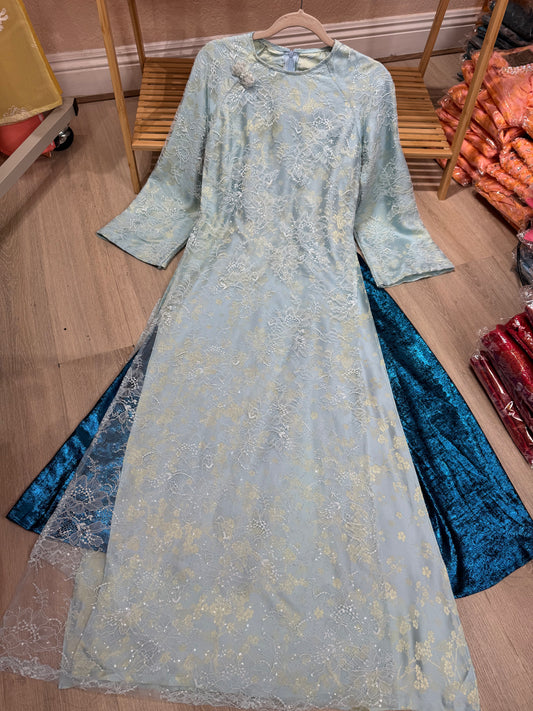 D23 - Set Áo Dài Nữ Gấm phối Ren Blue (kèm quần nhũ)