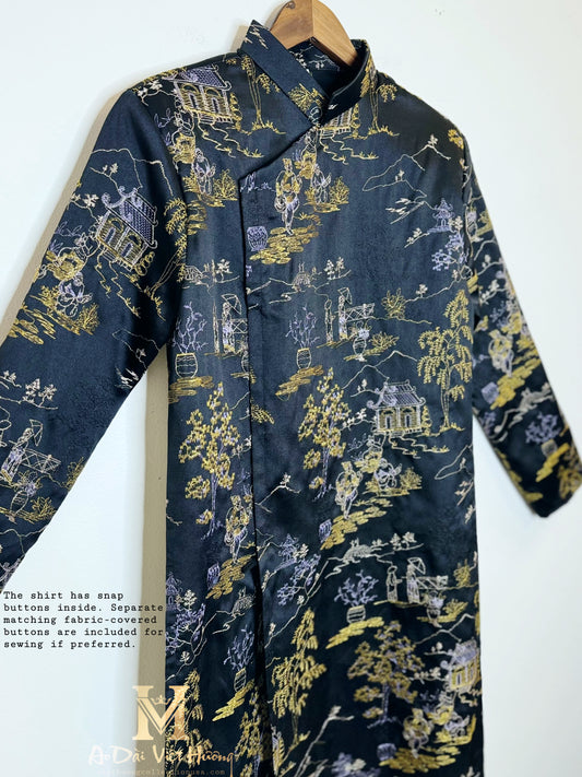 F13 - Men’s Áo Dài Embroidery Black (matching set)