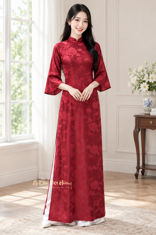 A48 - Áo Dài Lụa Chu Sa Khảm Đỏ | Áo Only
