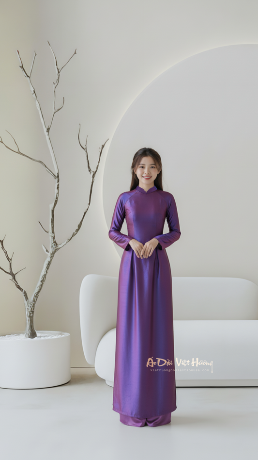 A126 - Áo Dài Tơ Titan Tím ánh Xanh (Cổ Gợn Sóng). Final sale (no return/exchange)