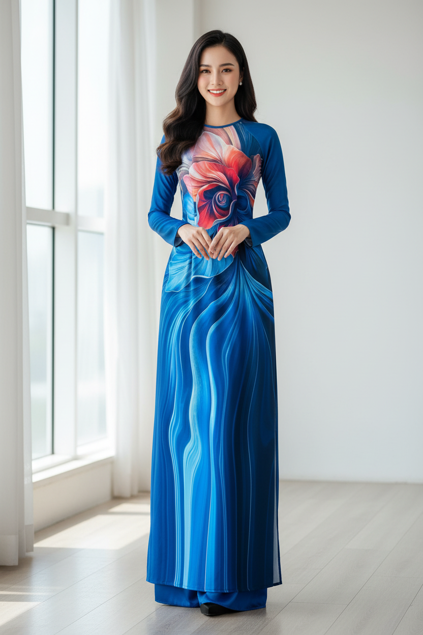 A151- Áo Dài Lụa Tiêu Giao In Blue | Áo Only