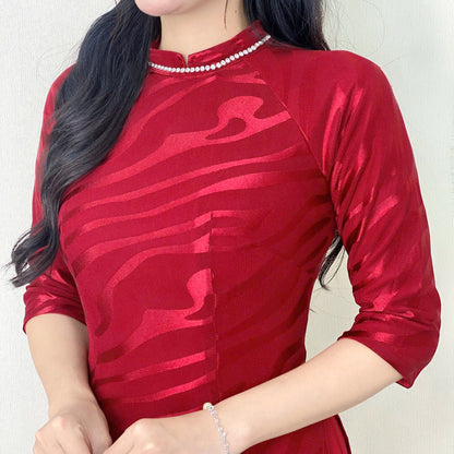 D39 - Áo Dài Dress Wine Red Triple Layers