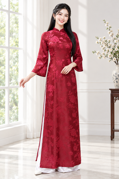 A48 - Áo Dài Lụa Chu Sa Khảm Đỏ | Áo Only