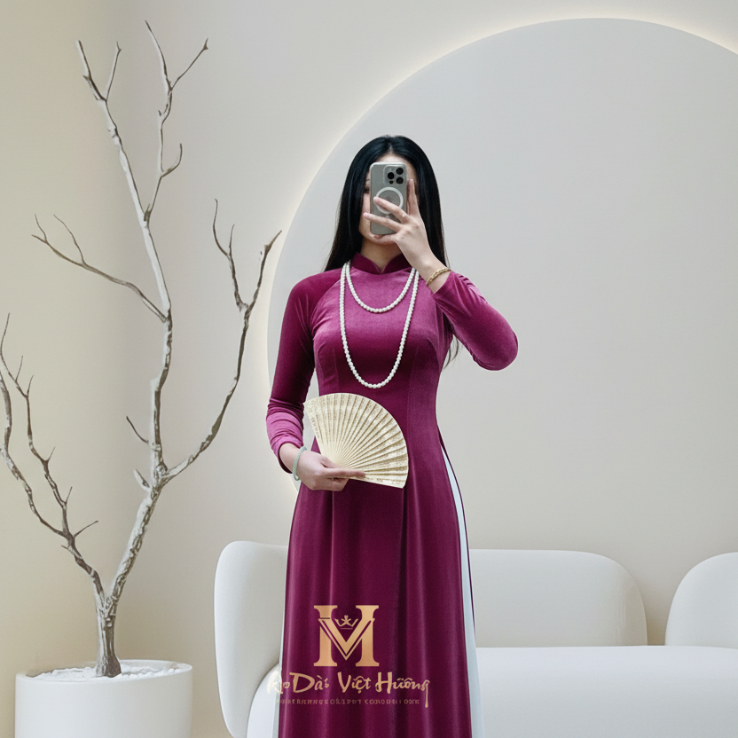 A51 - Áo Dài Nhung The Thun Purple Pink