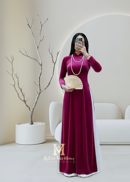 A51 - Áo Dài Nhung The Thun Purple Pink