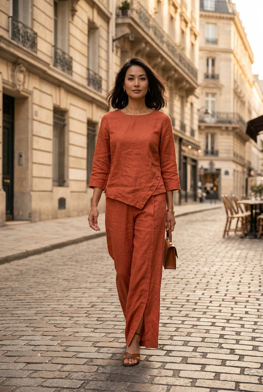 L60->64 - Set Linen Châu Âu | Kèm quần phối nút