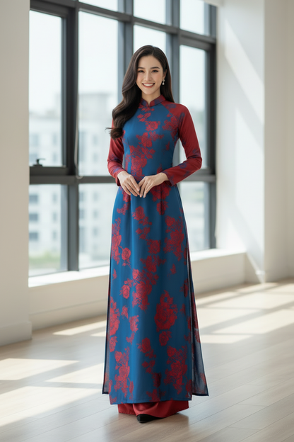 A149 - Áo Dài Silk Óng Xanh/Đỏ | Áo Only