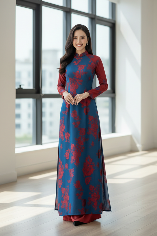 A149 - Áo Dài Silk Óng Xanh/Đỏ | Áo Only