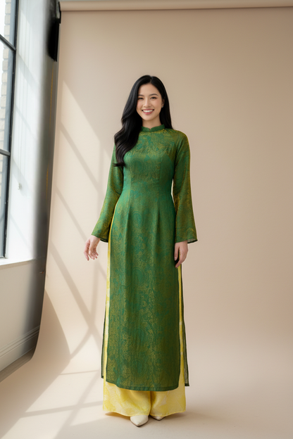 A23 - Áo Dài Tencel Xanh lá ánh Vàng