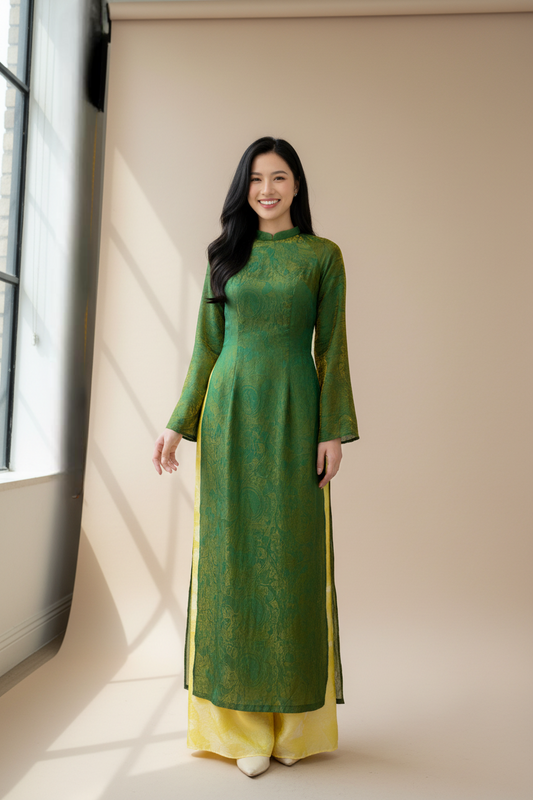 A23 - Áo Dài Tencel Xanh lá ánh Vàng