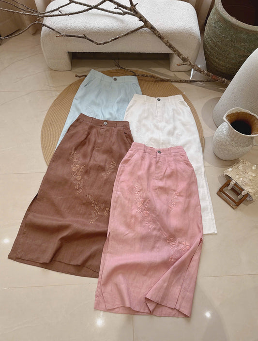 L38->41 - Skirt Linen Thêu Đơn Sắc