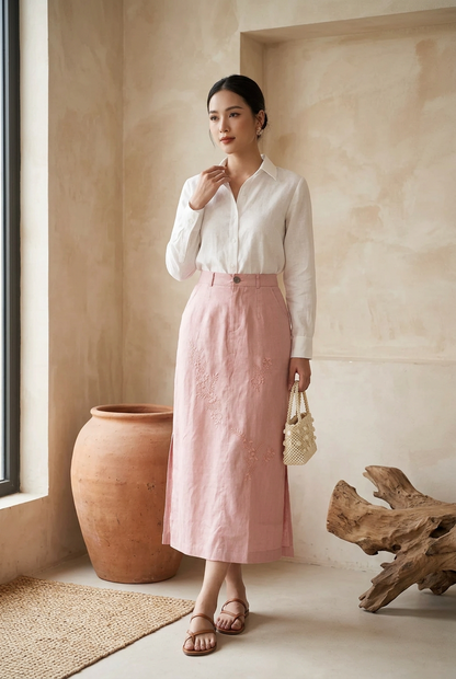 L38->41 - Skirt Linen Thêu Đơn Sắc