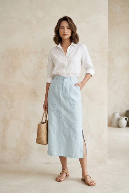 L38->41 - Skirt Linen Thêu Đơn Sắc