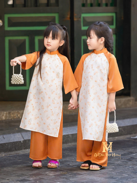 F2 - Orange Little Flowers Girl’s Set Áo Dài (Mom & Girl)