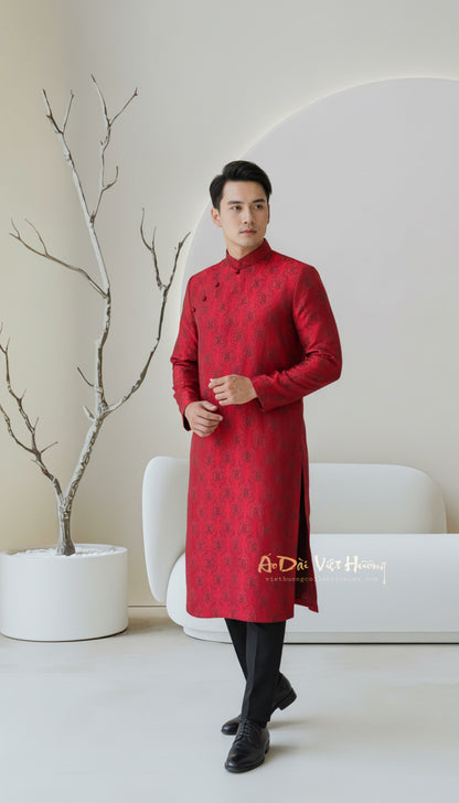A82 - Men’s Áo Dài Lụa Tơ Tằm Nha Xá Thọ Dơi nhỏ Đỏ Đô