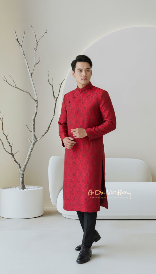 A82 - Men’s Áo Dài Lụa Tơ Tằm Nha Xá Thọ Dơi nhỏ Đỏ Đô