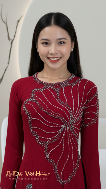 A34 - Áo Dài Lụa Hai Da Thiết Kế Đỏ Đô