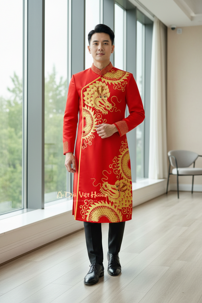 A91 - Men’s Áo Dài Đỏ Vẽ Tay
