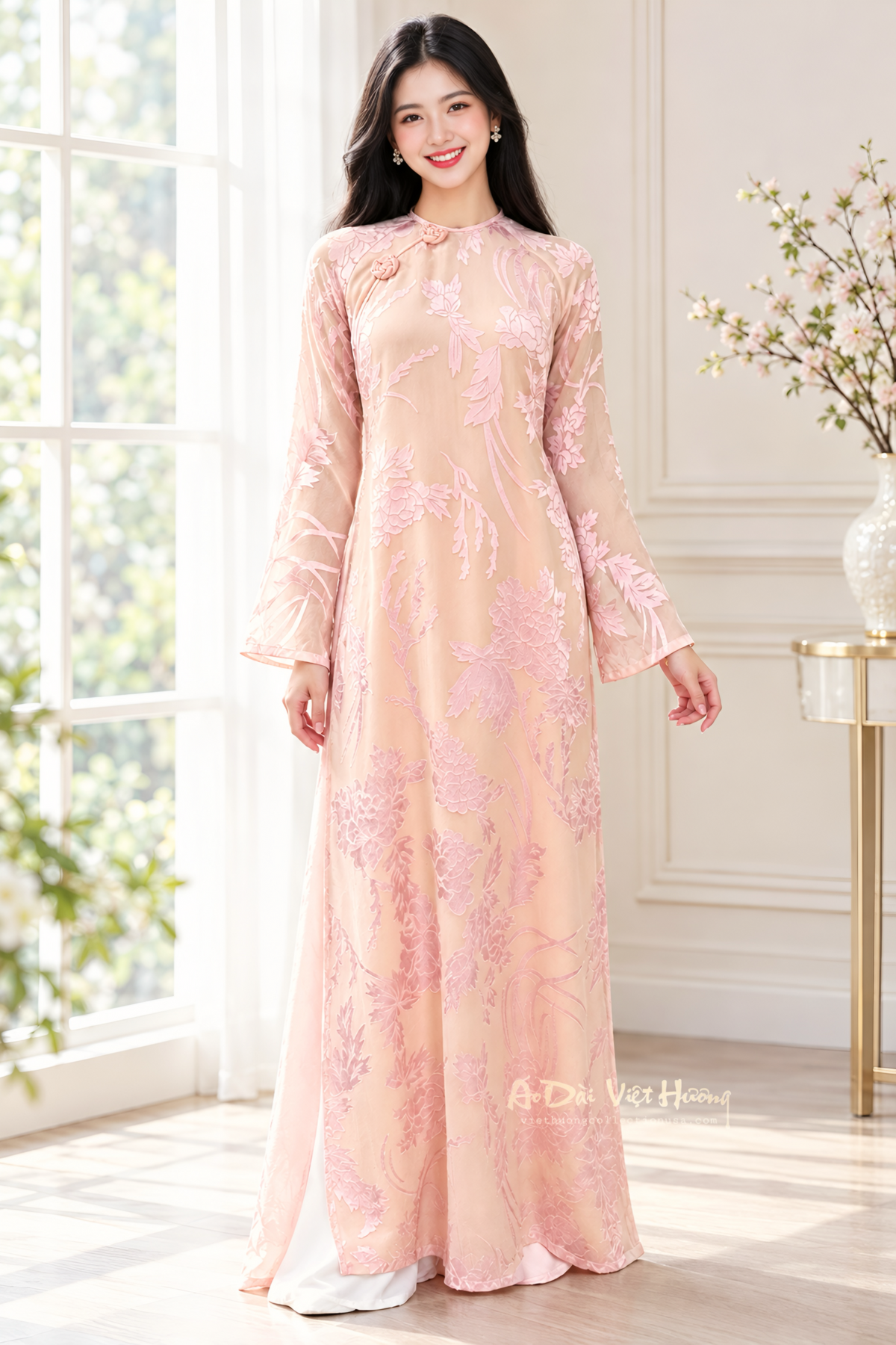 A34 - Áo Dài Suông Tơ Rayon 4 Tà Hồng | Áo Only