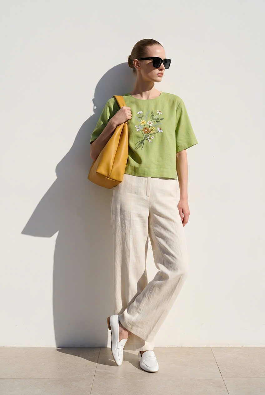 L153->157 - Áo Linen Blend Thêu Hoa