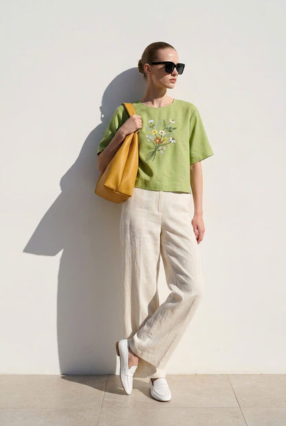 L153->157 - Áo Linen Blend Thêu Hoa