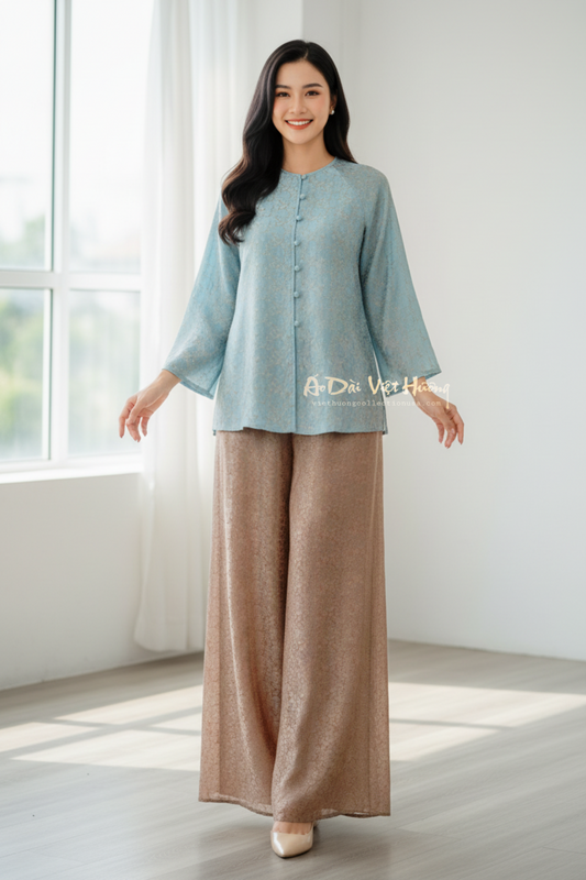 B08 - Set Áo Bà Ba Tơ Tằm Nha Xá Hoa Cúc Xanh/Nâu | Kèm Quần