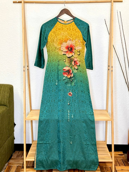 AD79 - Áo Dài Gấm Blue Teal/Gold. Final sale (no return/exchange)